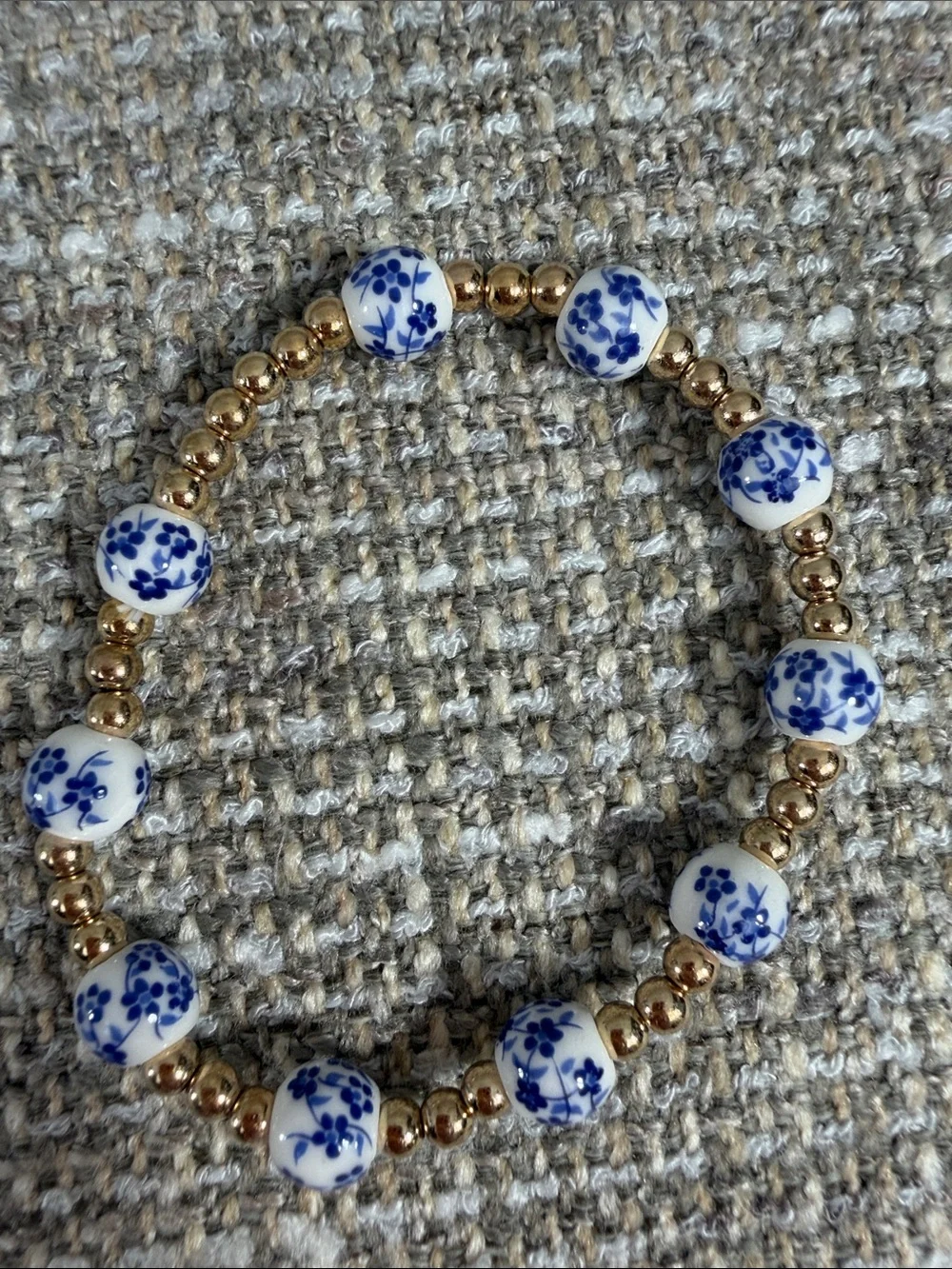 Beaded Stretch Bracelet Set - Gold, White, Blue flowers
